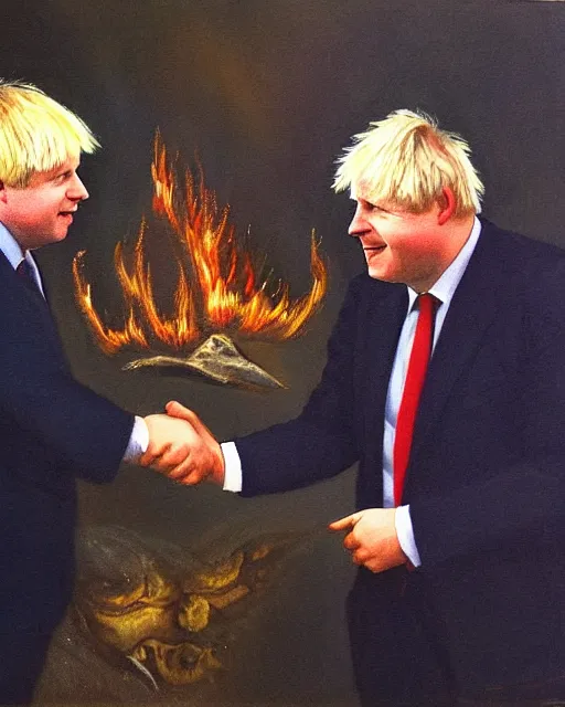 Prompt: an oil painting of uk politician former prime minister boris johnson having a meeting with the devil satan in the fiery pits of hell, demonic imagery, pagan, satanic symbolism, smiling and shaking hands, 4 k detail
