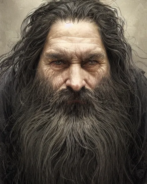 Image similar to portrait of a 6 0 - year - old giant man with long tangles of bushy black hair and beard hiding most of his face, kind eyes, wearing in black cloak, hyper realistic face, beautiful eyes, fantasy art, in the style of greg rutkowski, intricate, alphonse mucha, hyper detailed, smooth