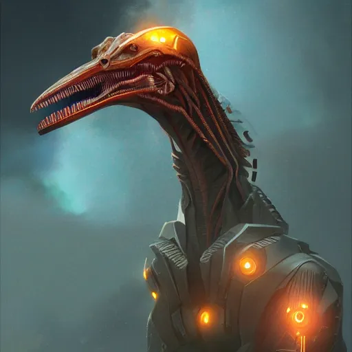 Image similar to a detailed tarot card of a futuristic cyborg velociraptor, neon outline, mouth open in a terrifying roar, 8 k, artstation, art by greg rutkowski, pixiv