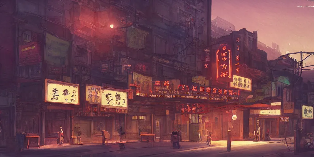 Image similar to old cinema in chinatown, evening, matte painting, studio ghibli, artstation