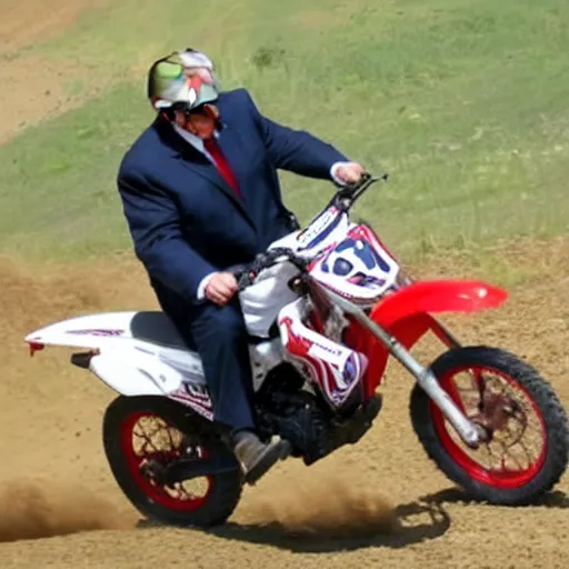 Prompt: trump riding motocross without wearing a helmet doing a wheelie