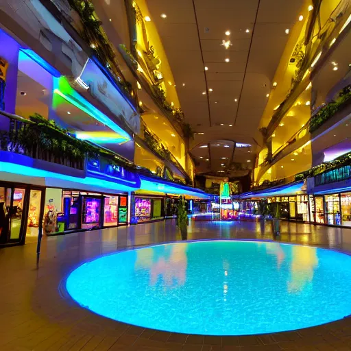 Image similar to A vast shopping mall interior with a large water feature, photo taken at night, neon pillars, large crowd