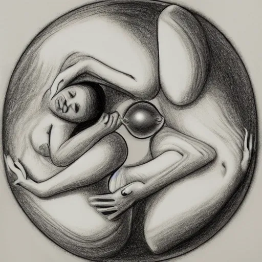 Image similar to a drawing of a pregnant cyborg giving birth to emerging yin - yang daoist symbol emerging from womb, black and white detailed pencil drawing dao