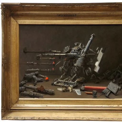 Prompt: Still life of a combat mech surrounded by its weapons, in the style of Henri Fantin-Latour