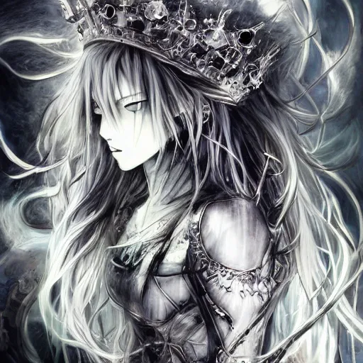 Image similar to yoshitaka amano blurred and dreamy illustration of an anime girl with black eyes, wavy white hair and crown on her head wearing elden ring armor with the cape fluttering in the wind, abstract black and white patterns on the background, noisy film grain effect, highly detailed, renaissance oil painting, weird portrait angle