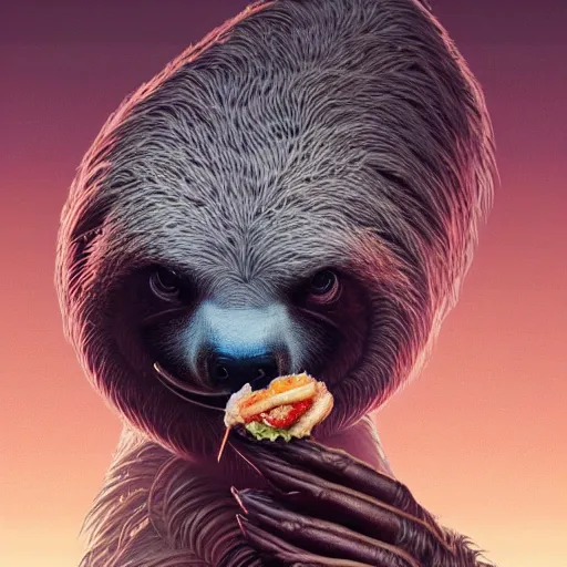 Image similar to detailed science - fiction character portrait of a sloth eating sushi, intricate, wild, highly detailed, digital painting, artstation, concept art, smooth, sharp focus, illustration, art by artgerm and greg rutkowski and alphonse mucha