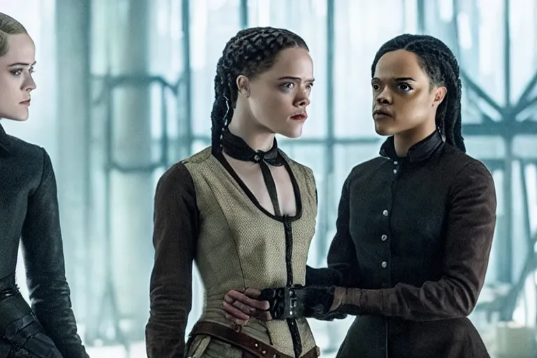 Image similar to evan rachel wood as hale and tessa thompson as dolores in westworld