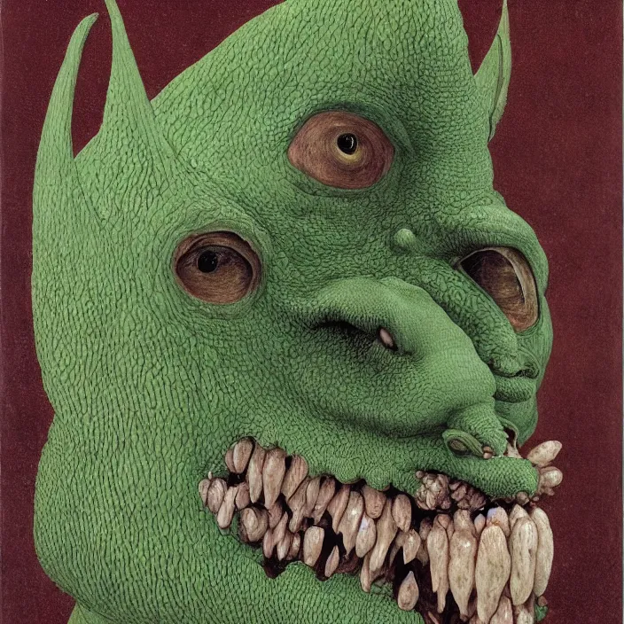 Image similar to close up portrait of a mutant monster creature with cheeks covered in purulent pustules, pimples at different stages, some fresh, some bursting with a whitish fluid ; pleasant, flirty green eyes, very large transparent bat ears. jan van eyck, walton ford