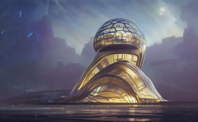 Image similar to exterior shot of utopian architecture transparent building with cinematic lighting by zaha hadid and renzo piano, darek zabrocki and greg ruthkowski, alphonse mucha, simon stalenhag, cinematic, stars, beautiful, holy place, paradise, scifi, futurism, atmospheric, concept art, artstation, trending on artstation