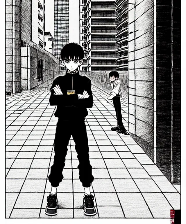 Prompt: A manga cover about a shaved-headed solo gopnik standing on the sidewalk. Sharp high quality manga cover, fine details, straight lines, architecture in the background, masterpiece, art, highly detailed drawing by Hirohiko Araki, Akatsuki Akira, Kentaro Miura