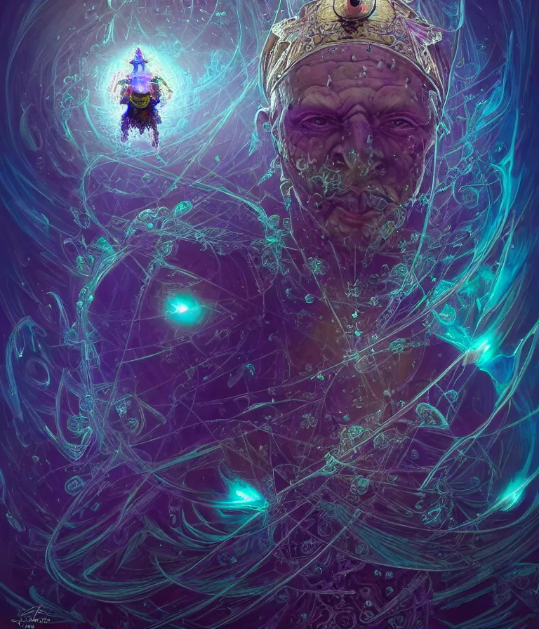 Image similar to front!!! shot of a court jester!!! character, mesmerizing fractal hypercubes, dark holography!!!, future, oil slick nebula, crystalline edges, (((intricate))), elegant, highly detailed, centered, (((artstation, concept art, smooth, sharp focus, artgerm, Tomasz Alen Kopera, Peter Mohrbacher, donato giancola, Joseph Christian Leyendecker, WLOP, Boris Vallejo))), ((raytracing)), mugshot!!!!!, ugly!!!!!!, octane render, nvidia raytracing demo, octane render, nvidia raytracing demo, octane render, nvidia raytracing demo, grainy, muted, 8K, digitalblasphemy, metatron