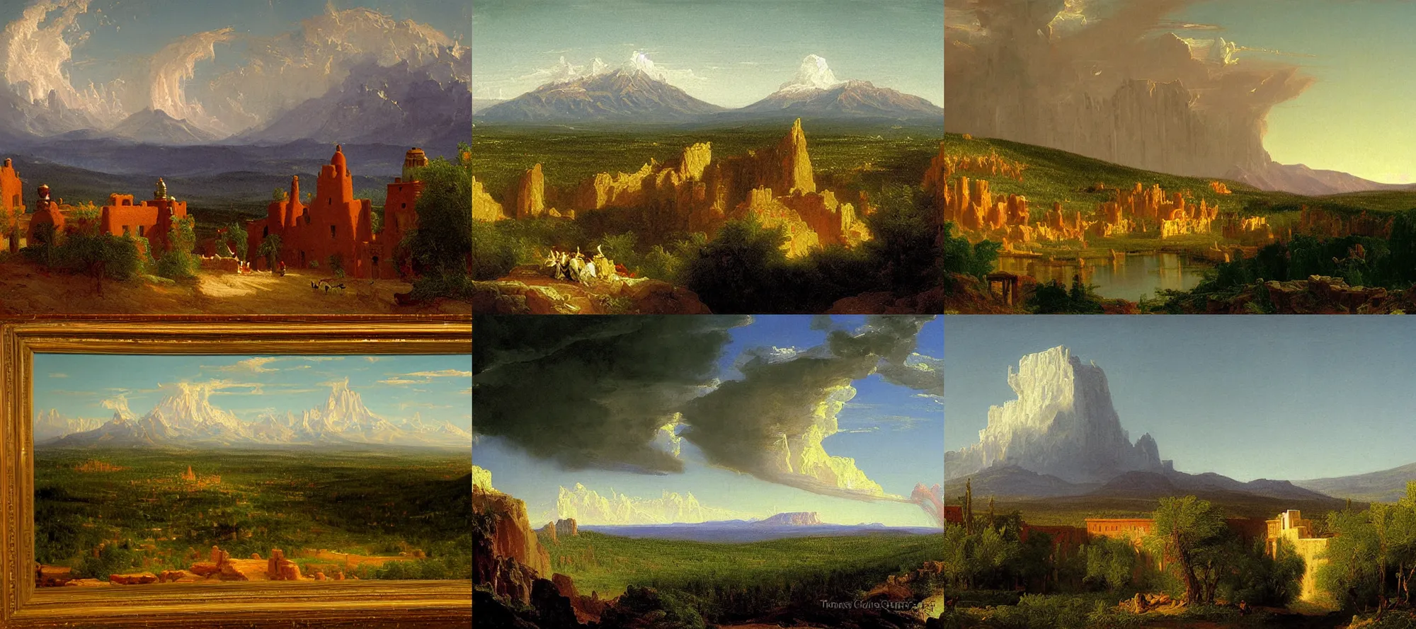 Prompt: santa fe, painting by thomas cole