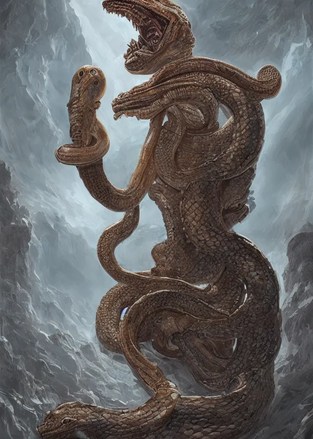 Prompt: a highly detailed matte painting of a stone bas relief of a creature with the upper body of an alien and the lower body of a serpent and a massive frill around the neck, 8 k hd, concept art, artstation, deviantart, cg society,