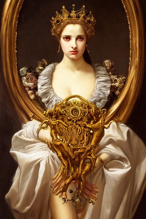 Image similar to hyper realistic painting portrait of the queen of saturn, occult diagram, elaborate details, rococo, baroque, gothic, intrincate ornaments, gold decoration, caligraphy, occult art, illuminated manuscript, oil painting, art noveau, in the style of roberto ferri, gustav moreau, waterhouse and bussiere