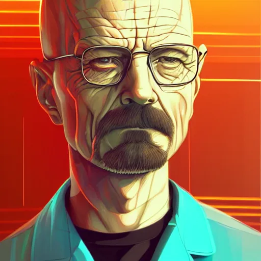 Image similar to high quality illustration, walter white realistic portrait, cyberpunk colors, vaporwave, retro, neotrad, lois van baarle, moebius, digital painting, james jean