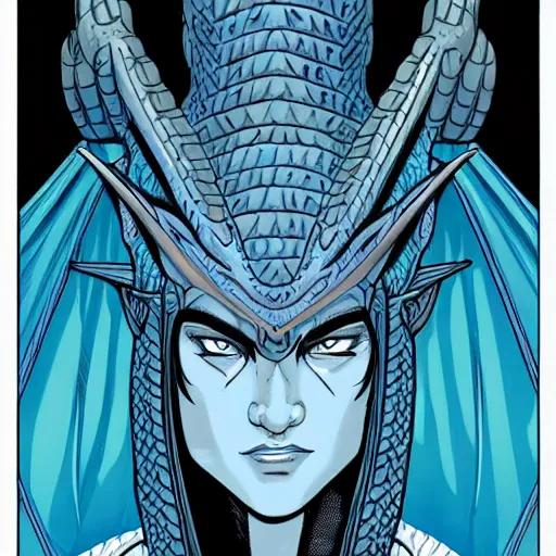 Image similar to head and shoulders portrait of a medieval fantasy anthropomorphic blue dragon - headed - human hybrid with electrcity magic, fantasy, d & d, high details, comic book cover art photo by phil noto and frank miller