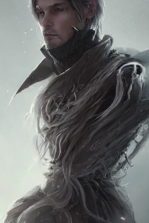 Image similar to a fancy portrait of a toned male half human half mechanical with long white hair by greg rutkowski, sung choi, mitchell mohrhauser, maciej kuciara, johnson ting, maxim verehin, peter konig, bloodborne, 8 k photorealistic, cinematic lighting, hd, high details, dramatic, dark atmosphere, trending on artstation