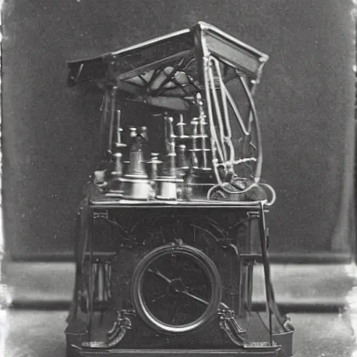 Prompt: edwardian photograph of a time machine, eery, photograph very grainy, slightly blurry, 1900s, 1910s, B&W