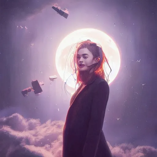 Prompt: 3 d, sci - fi, night, moon, smiling fashion model face, moon rays, cinematic, clouds, vogue cover style, realistic painting, intricate oil painting, high detail illustration, figurative art, multiple exposure, poster art, 3 d, by tooth wu and wlop and beeple and greg rutkowski