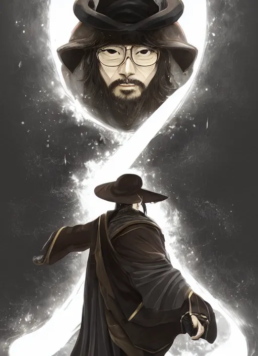 Image similar to a highly detailed illustration of Hiroyuki Sanada as wizard wearing black robe and mage hat, powerful magic wielding pose, intricate, elegant, highly detailed, centered, digital painting, artstation, concept art, smooth, sharp focus, league of legends concept art, WLOP