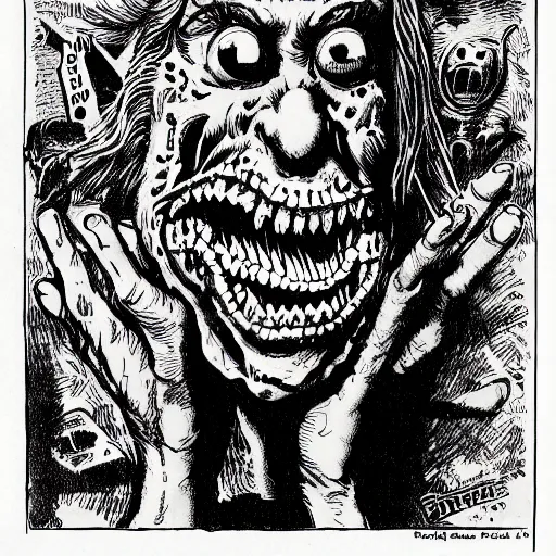 Image similar to a Pop Wonder scary horror themed goofy-hilarious-character r-Crumb, dime-store-comic drawn with charcoal and pen and ink, half-tone-line-stacking