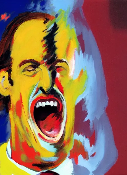 Image similar to saul goodman, screaming, painting by sir francis bacon,'action lines '!!!, graphic style, visible brushstrokes, motion blur, blurry
