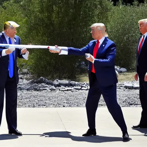 Image similar to photo of putin, trump and biden firing water guns at each other faces