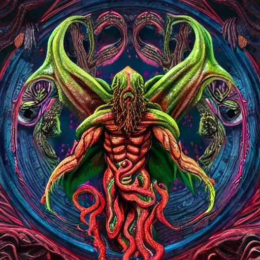 Image similar to 4 k colored headshot of godlike cthulhu with defined arms and open hands and bloody clothes with giant mandala wings, intricate face, flawless anime cel animation by kentaro miura, psychedelic, highly detailed upper body, professionally post - processed, beautiful, scary, symmetry accurate features, epic, octane rendered, anime masterpiece, accurate