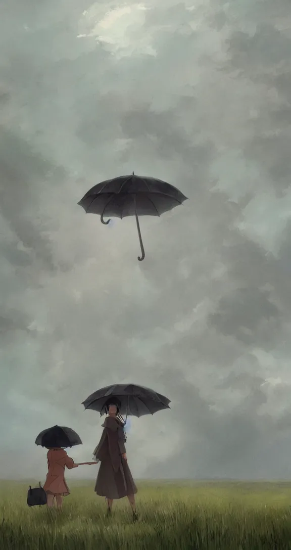 Prompt: Holding an umbrella in a thunderstorm in the prairie, pretty, by Studio Ghibli and Greg Rutkowski, artstation