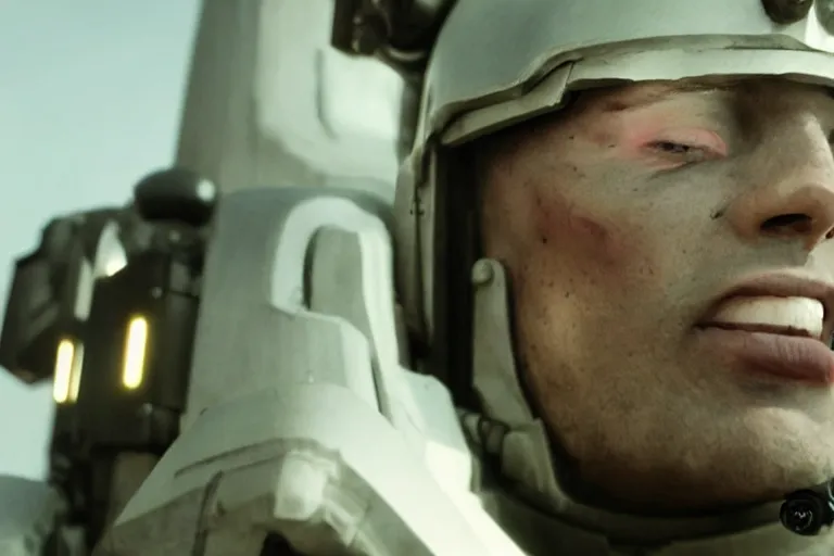 Image similar to VFX movie of a futuristic spacemarine closeup portrait in war zone, beautiful natural skin natural lighting by Emmanuel Lubezki