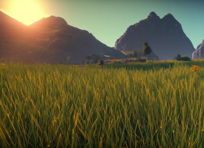 Prompt: fields of grass and flowers and blue sky with mountains in the background. Intricate. Very detailed 8k. Fantasy horror. Sharp. Cinematic post-processing. Unreal engine. Nanite. Ray tracing. Parallax. Tessellation