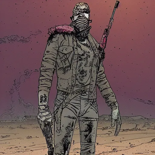 Prompt: post - apocalyptic dancer in the wasteland, toxic dust storm, by moebius and geof darrow