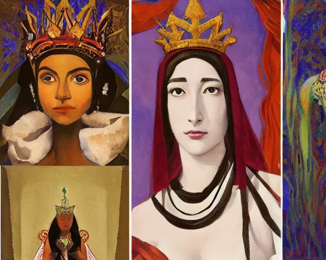 Prompt: a queen wearing a dress and a crown, and a veil on a stone throne by nicholas roerich, by gustave moreau, by james hawe, by yoshitaka amano, by georgia o keeffe, oil painting