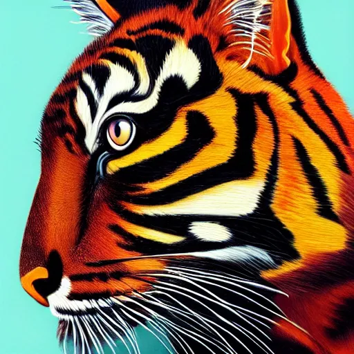 Image similar to an oil painting of floppa with the pattern of tigers fur, tiger stripes, domestic caracal, cat, strong, dramatic impactful colors, by artgerm, hd, hdr, ue 5, ue 6, unreal engine 5, cinematic 4 k wallpaper, 8 k, ultra detailed, gta 5 cover art, high resolution, artstation, award winning