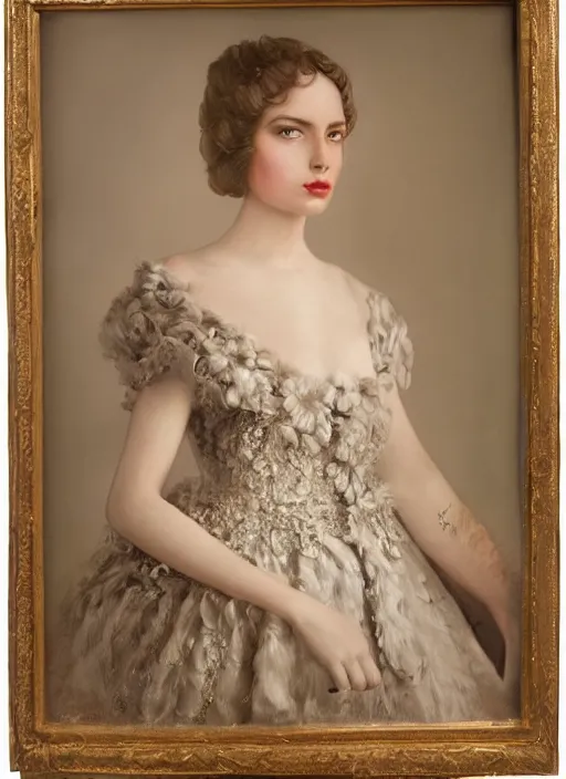 Prompt: hyperrealistic very detailed photograph portrait of a young woman in a haute couture dress, photo studio