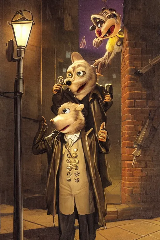 Prompt: Chuck E. Cheez wearing a trench coat, standing in an alley way, lit by streetlight, dealing illegal cheese, artstation, by J. C. Leyendecker and Peter Paul Rubens,