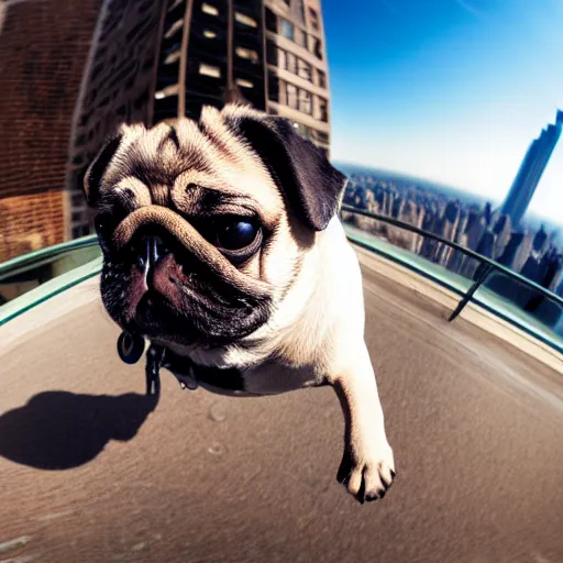 Image similar to A high quality action photo of a pug with old school brown pilot goggles flying like superman towards the camera, high above NYC, motion blur, high detail, zoomed in, fish eye lense