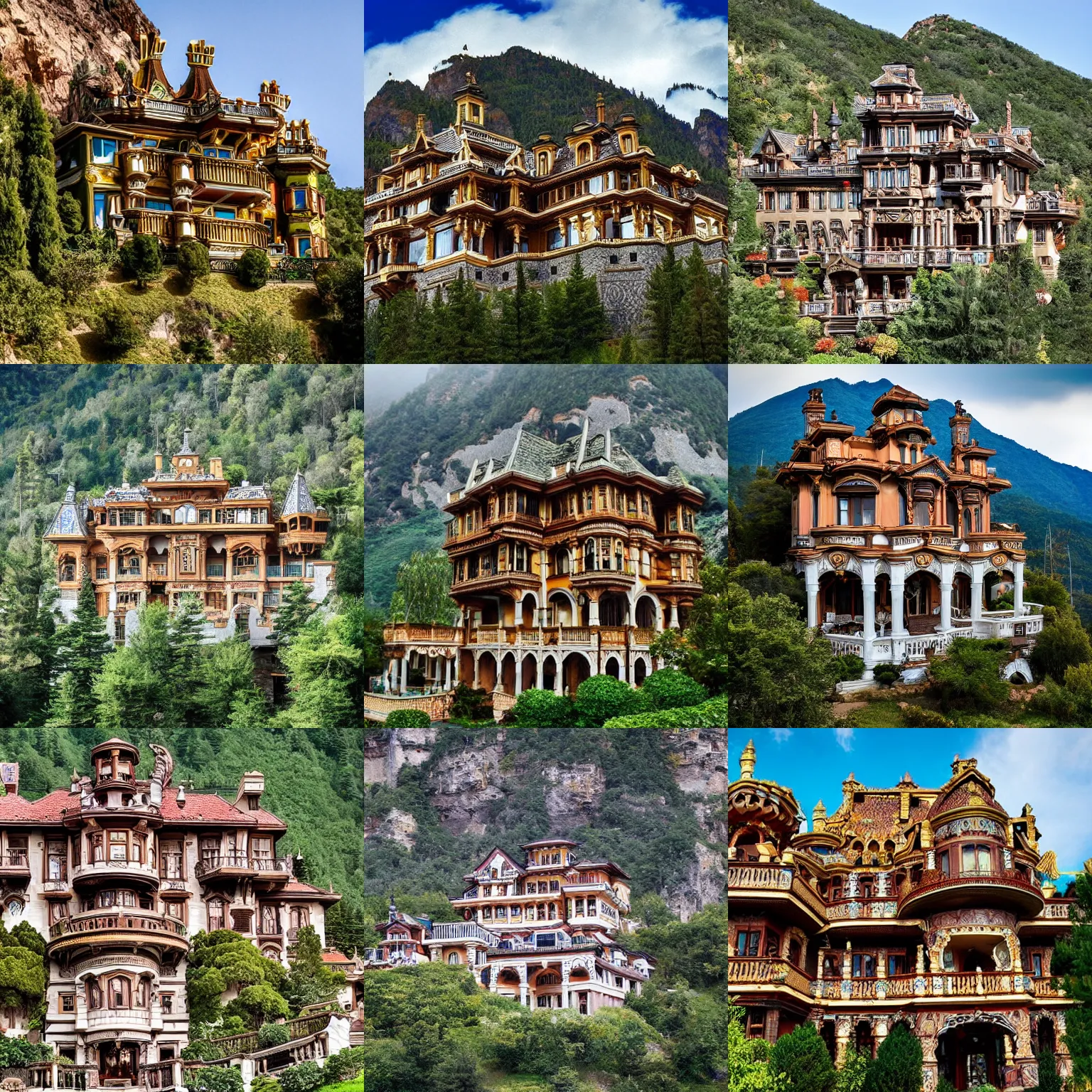 Prompt: a elaborate ornate mansion carved into the side of a mountain