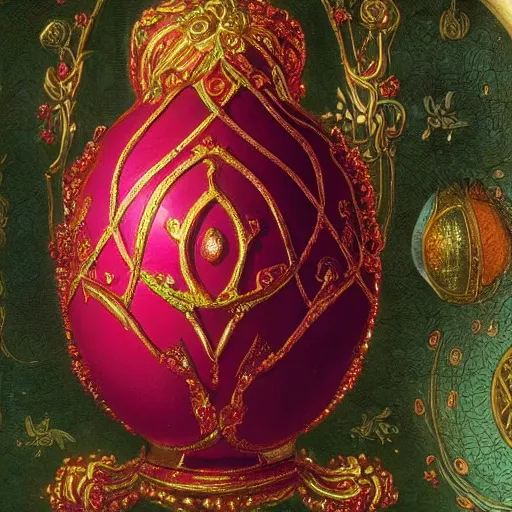 Image similar to a ornate detailed red and purple glowing egg, a faberge egg, an eggplant fruit still on the vine