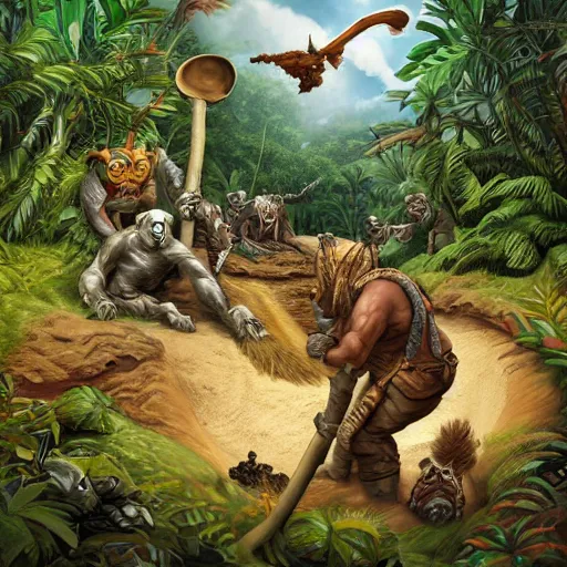 Prompt: Badger Archaeologists Digging a Hole Deep in the Amazon Jungle artwork by Word of Warcraft Art Direction, detailed, dynamic, cinematic composition