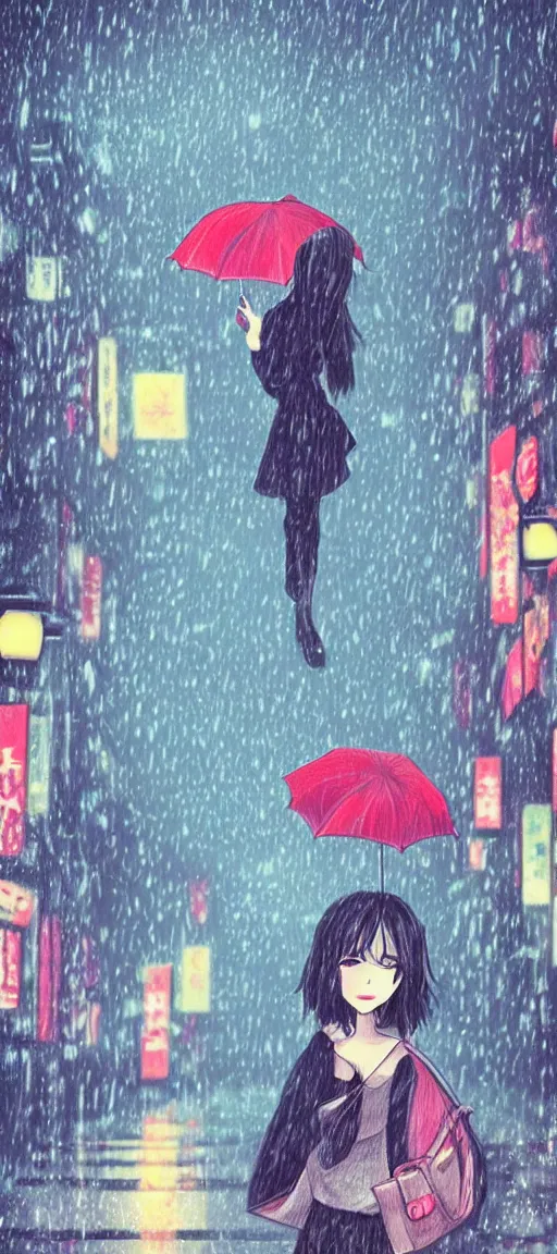 Prompt: beautiful drawing style, girl holding umbrella, contrast, visible rain, vaporware cartoon japan background, kawaii rainy gloomy, rainy night