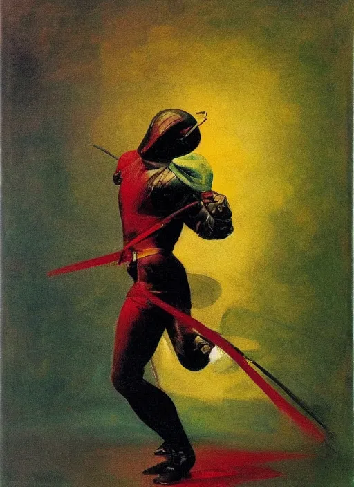 Prompt: portrait of noble fencer, coherent! by mariusz lewandowski, by frank frazetta, deep color, strong line, red green black teal, minimalism, high contrast