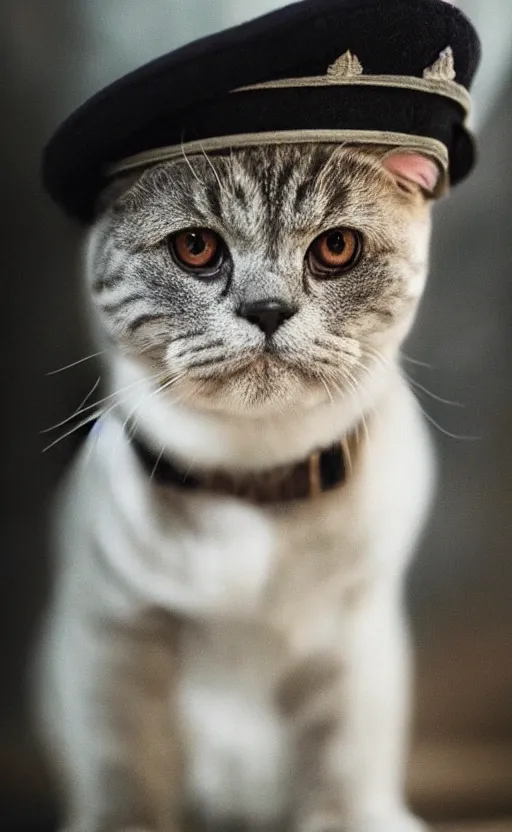 Image similar to portrait photo of scottish fold cat, with military hat, highly detailed, high resolution, cosplay photo, stunning, girls frontline style, bokeh soft, 1 0 0 mm, trending on instagram, by professional photographer, soldier clothing, shot with a canon, low saturation