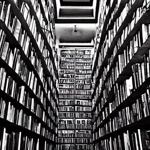 Image similar to “lost in a labyrinth that is Powell’s City of Books. Creepy liminal photo. Hyperrealistic, Photo taken by M.C. Escher. benchmark resolution photo”