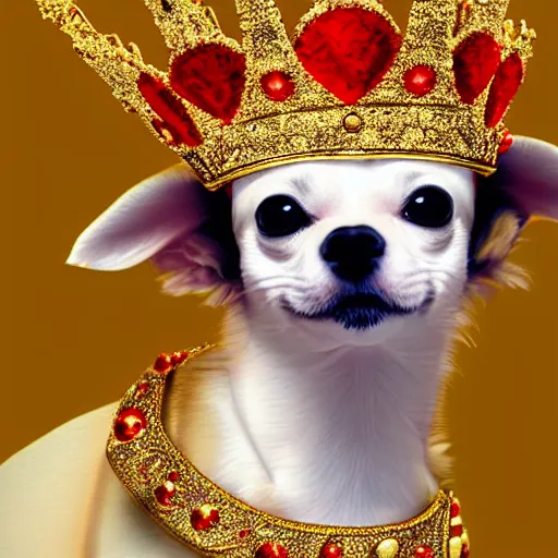 Image similar to white chihuahua king wearing a red and gold crown cinematic composition, digital art, cute