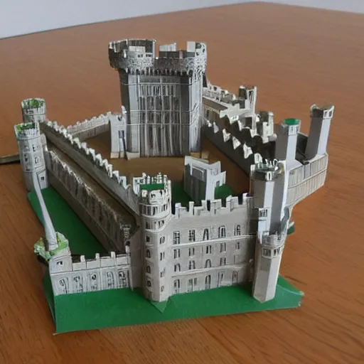 Prompt: a model of windsor castle made of paper clips