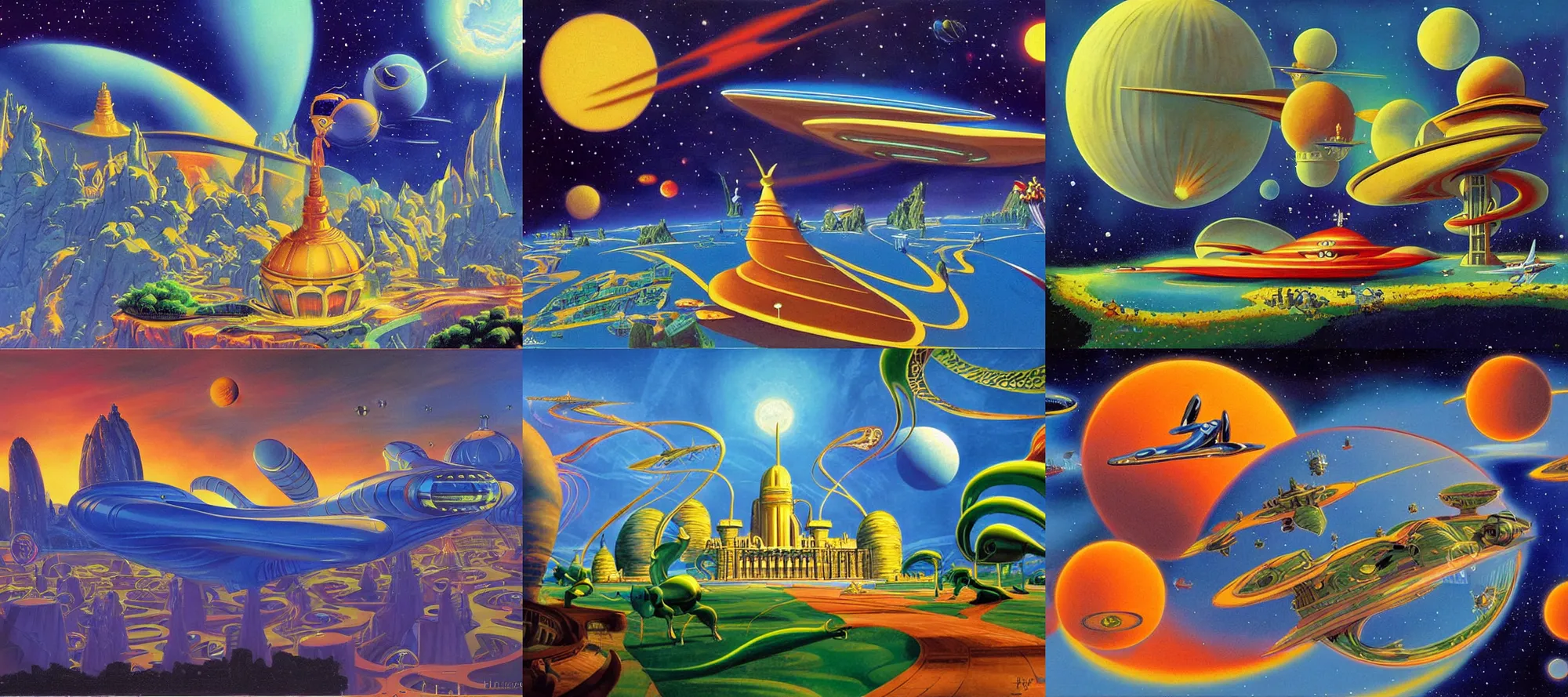 Prompt: naboo in the style of dr. seuss, starships, painting by brothers hildebrandt