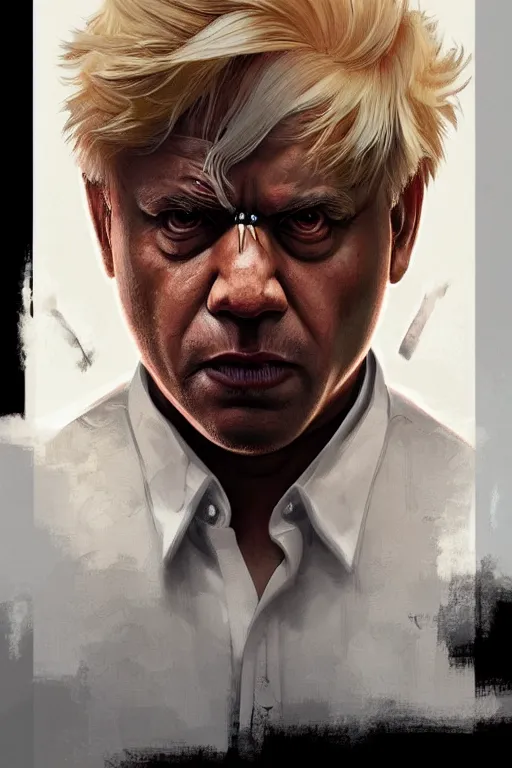 Image similar to Narendra Modi as Terminator, Boris Johnson hairstyle, full body realistic portrait, highly detailed, digital painting, artstation, concept art, smooth, sharp focus, illustration, cinematic lighting, art by artgerm and greg rutkowski and alphonse mucha