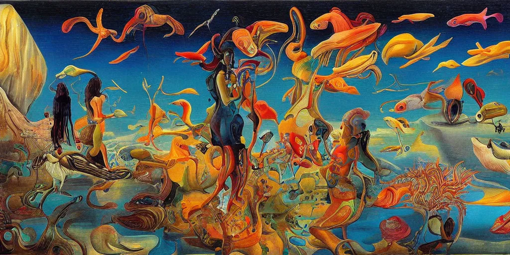 Prompt: a beautiful abstract with goldfish, pelicans and a human couple in an alien landscape by salvador dali and gerald brom