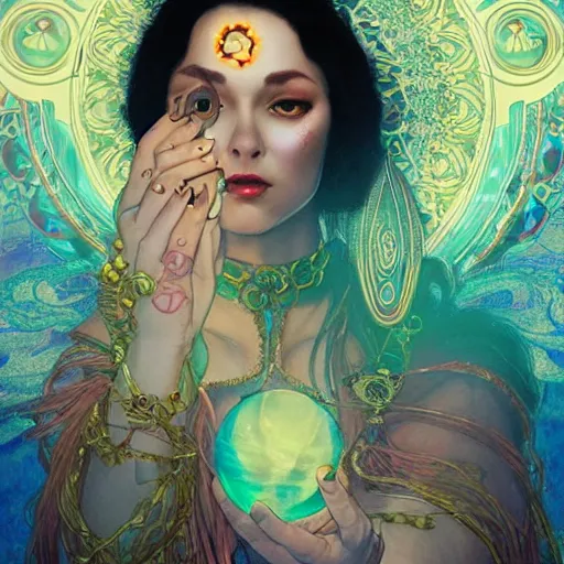 Prompt: psychic gypsy woman magic8ball tarot card, swirling glowing flowing energies, gypsy woman sees into the future, mysterious with hynotic pretty eyes, hyperdetailed, artstation by James Jean, Moebius, Mucha Klimt and Tom Bagshaw , featured on Artstation, CGsociety, Behance HD